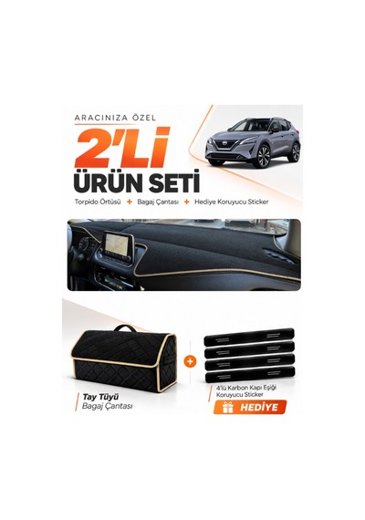 E-biz Nissan Qashqaı 2021-2024 Uyumlu Torpido Örtüsü + Tay Tüyü Bagaj Çantası - Siyah-bej - Nı021