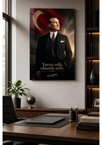 Atatürk Ve Türk Bayrağı Baskılı Cam Tablo Yurtta Sulh Uv Dekoratif Duvar Tablosu