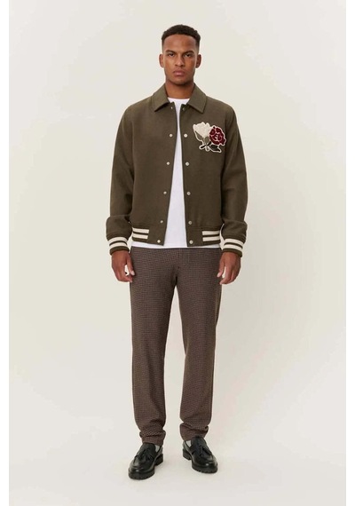 Obey Felipe Varsity Yün Ceket - Les Deux Logo Yaması & Şık Kısa Kesim Zeytin