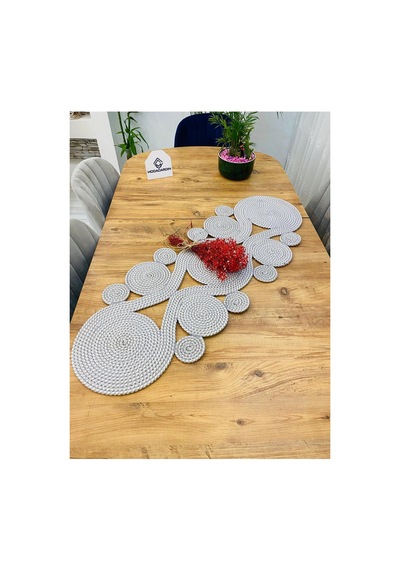 Jüt, Hasır,sarmal Model, Dekoratif Masa Örtüsü, Runner 40x110 Cm, Sehpa Örtüsü, Bohem Tarzı Gri Beyaz Gri Beyaz