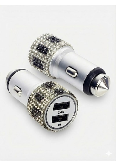 Kristal Taşlı Metal Araç Çakmaklık Şarj Aleti Çift Usb-a Girişli Hızlı Şarj 2.4a 12-24v Leopar