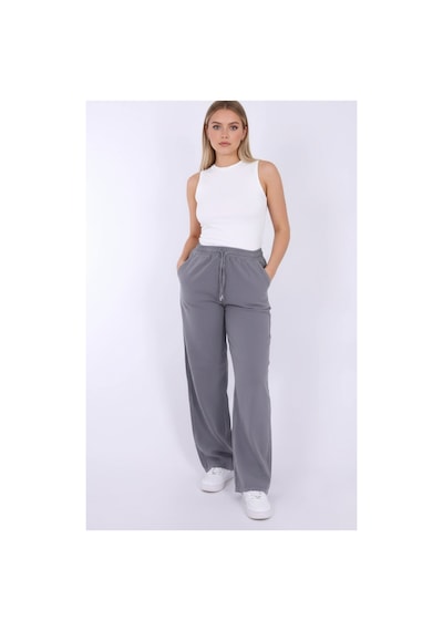 Myrab Denim Kadın Mavi Baggy Keten Pantolon Lastikli Bel Bağcıklı Rahat Geniş Paça Yazlık Pantolon Gri
