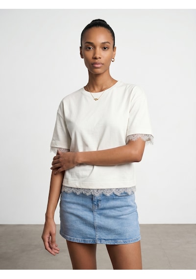 Dilvin 32826 Dantel Detaylı Kısa Kollu T-shirt-ekru