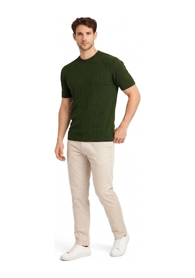 Erkek Yazlık Fitilli Triko Tişört Kısa Kol Bisiklet Yaka T-shirt - Haki