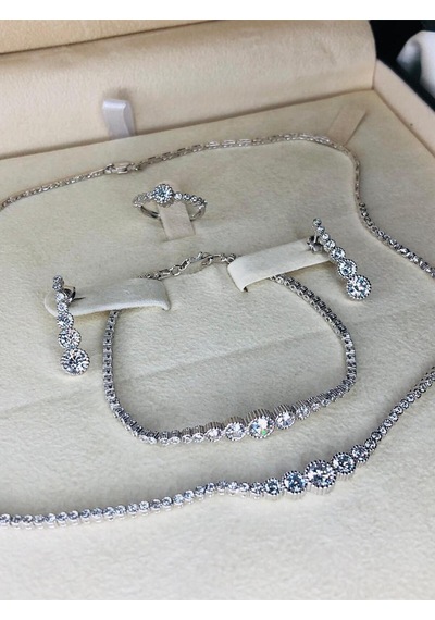 Kadın Gümüş Set - Parla Zirconia Taşlı Su Yolu Set • Işıklı Kutuda • Düğün • Nişan • Gelin Seti
