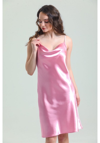 Magic Form 7790 Kadın Dagaje Yaka İp Askılı Saten Gecelik-pembe Pembe