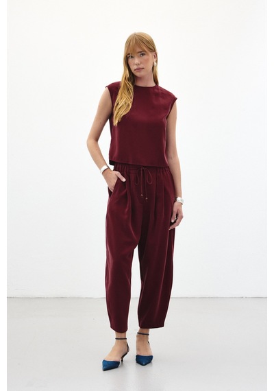 Sateen Şalvar Kesim Pantolon - Bordo-136447 Bordo