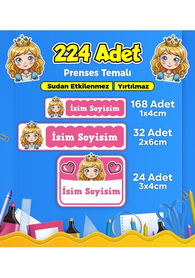 Prenses Temalı Okul Kreş Kişiye Özel İsim Etiket Seti - Model 304 Çok Renkli