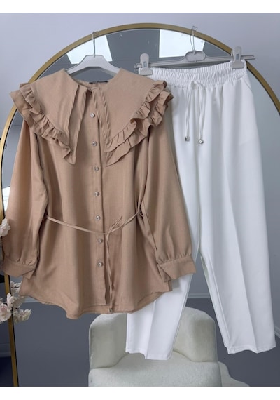 Lovie Moda Fırfır Yaka Bağcıklı Tunik Pantolonlu Takım Bej