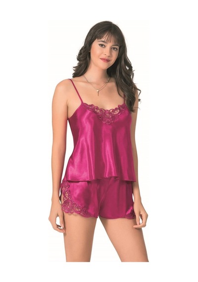 İkikareshop Vişne Saten Babydoll Şort Takımı Çok Renkli