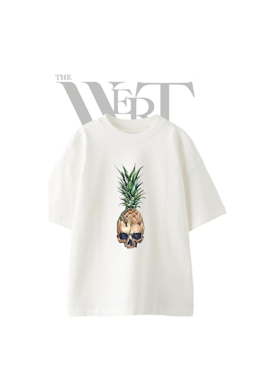 Thewert Skull Pineapple Tasarım Baskılı Ünisex Beyaz Oversize T-shirt
