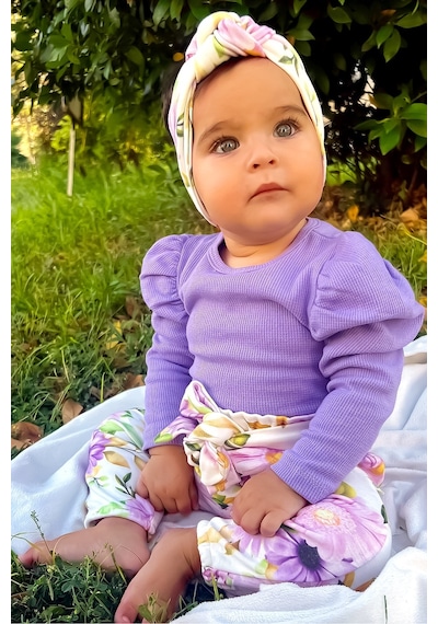 Babymod Çiçek Deseenli Bandanalı Pamuklu 3'lü Kız Bebek Takım 001