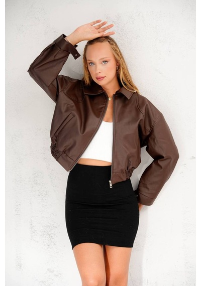 Dandissi Sport Oversize Yeni Sezon Bomber Deri Ceket Kahverengi Kahverengi