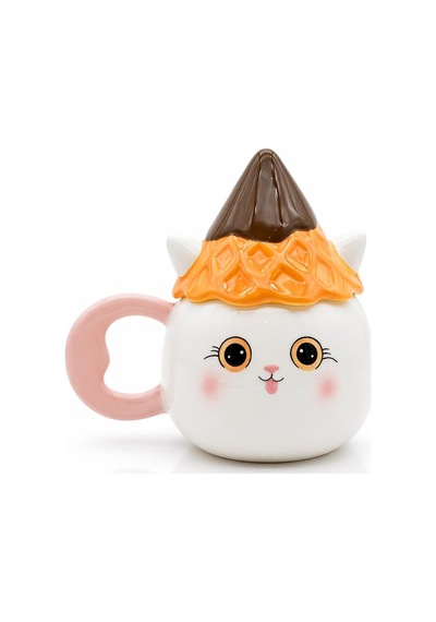 Şapkalı Kedi Figürlü Dolomite Kupa, El Yapımı 450 Ml Kapaklı Mug Beyaz