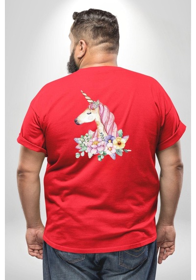 Angemiel Unicorn Çiçek Büyük Beden Kırmızı Tişört Kadın Erkek Ünisex Sırt Baskılı Kırmızı