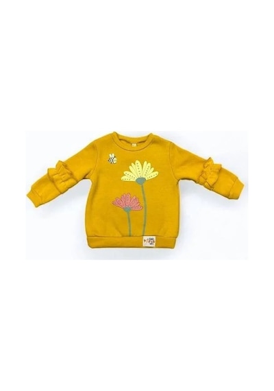 Kız Çocuk Kolları Fırfırlı İçi Şardonlu Çiçek Baskılı Sweatshirt-14348 HARDAL