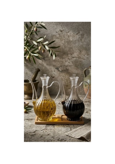 Fıre Kıng Panda Cam Yağdanlık 750ml+750 Ml Glory Çizgili Bambu Stantlı Borosilikat Sirkelik Şeffaf