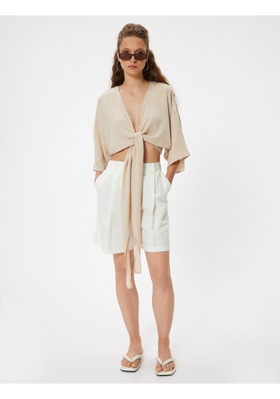 Koton Crop Üst V Yaka Bağlama Detaylı Oversize Kimono Kol Bej 4sal50001ıw Ekru