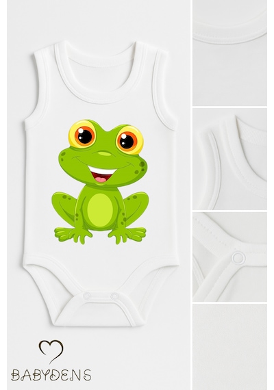 Babyden's %100 Pamuklu Hayvan Figürlü Kolsuz Çıtçıtlı Bebek Body Yazlık Unisex Zıbın Kurbağa Beyaz