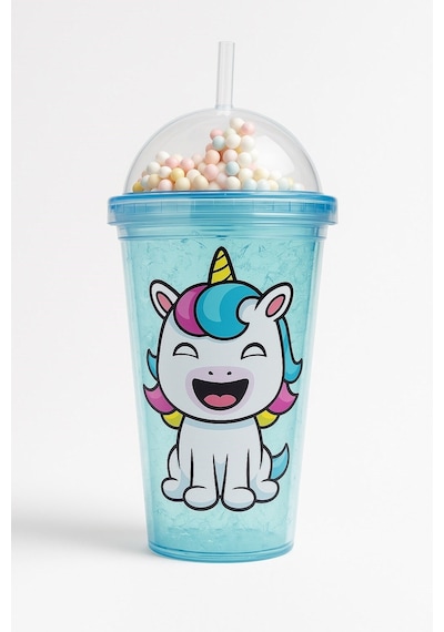 2 Li Set Işıklı Renkli Unicorn Figürlü Gece Lambası & Pipetli Boncuk Detaylı Suluk Bardak Mavi 450ml Set