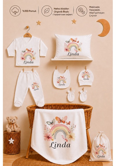 Pia Baby Kız Bebek Hastane Çıkışı Hediye Seti 8 Parça Zıbın Set %100 Pamuk Battaniye Yastık Ve Kese 1079zybk3x Krem