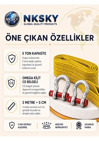 5 Ton Araç Çekme Halatı 3 Metre 5 Cm Genişlik Ce Belgeli Omega Kilit Oto Çeki Halatı Sarı