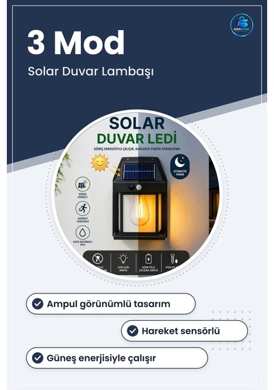 Ampul Model Solar Led Duvar Aplik Hareket Sensörlü Güneş Enerjili