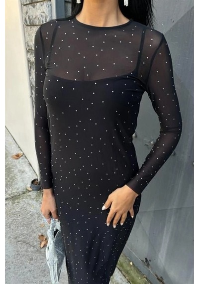 Modayakamoz Mrpurple Taş İşlemeli Premium Tül Elbise 2829 Çok renkli