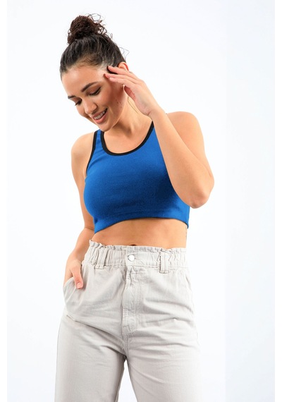 Tommy Life Turkuaz Basic Sıfır Kol Dar Kalıp U Yaka Kadın Crop Top Atlet - 97162 Turkuaz