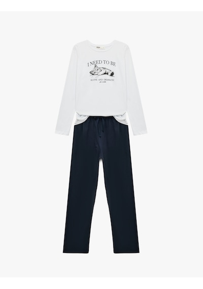 Koton Baskılı Uzun Kollu Bisiklet Yaka Pamuklu Pijama Takımı Beyaz 7wlk40119mk