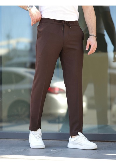 Rahat Şık Kolay Ütülenebilir Slim Fit Kumaş Jogger Pantolon Kahverengii
