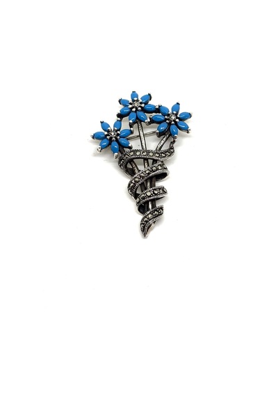 Oya Silver Markazit Taşlı Çiçek Demeti Gümüş Broş 5.2x3.5 Cm 374583858h Mavi