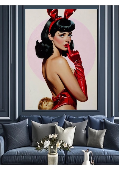 Ahşap Tablo Kırmızı Elbiseli Seksi Pin Up Kızı