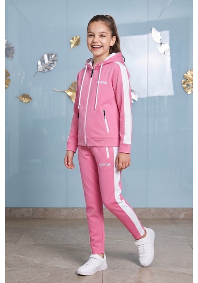 Pina Kids Kız Çocuk Potential Kalın Şeritli Kapüşonlu Düz Paça Dalgıç Kumaş Eşofman Takımı Esf7016 Pembe