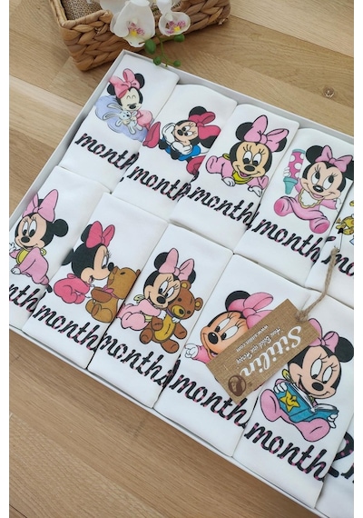 Sitilin Aylık Kız Badi Set 12 Ay Her Ay Özel Mickey Baskılı Uzun Kollu Çı Pembe