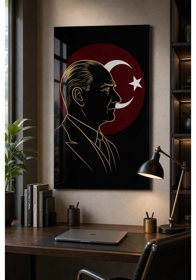 Atatürk Ve Türk Bayrağı Baskılı Cam Tablo Uv Baskı Milli Duvar Dekoru
