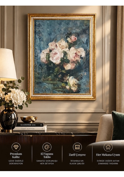 Gold Vintage Çerçeveli Duvar Tablosu 60x80 cm Klasik Gül Buketi Salon Dekoru