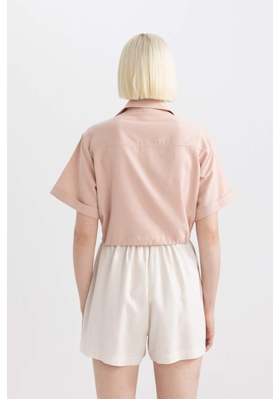 DeFacto Cropped Fit Gömlek Yaka Keten Karışımlı Kısa Kollu Bluz C6812AX24SMBR134