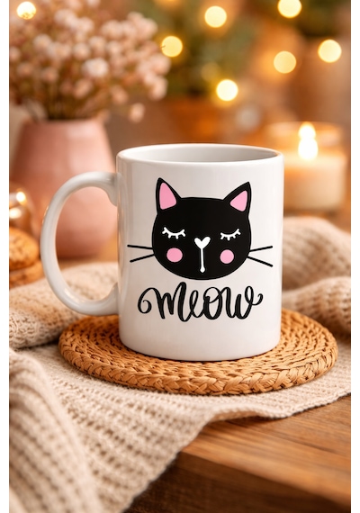 Hemengo Sevimli Kedi Desenli Porselen Kupa Model 63 Meow Yazılı Kahve & Çay Keyfi İçin Tatlı Tasarım Hm Diğer