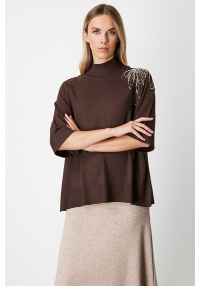 On Oversize 3/4 Kol Minimalist Kadın Kazak - Günlük Şıklık Kahve