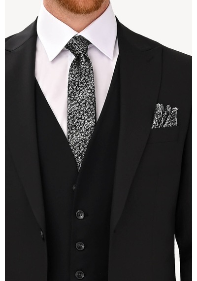 Erkek Siyah Sivri Yaka Yelekli Slim Fit Takım Elbise
