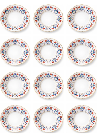 12 Li Yaldızlı Çiçek Motif Porselen Çay Tabağı Desenli Çay Tabak Çok Renkli