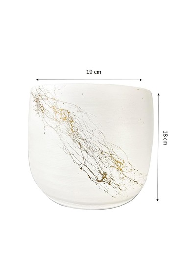 Bitki Tasarımı Ev Dekorasyon Aksesuar Beyaz Üzeri Gold Mermer Efektli Toprak Saksı Saksılık Salon Çiçeklik - 19 Cm