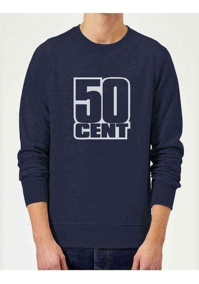 50 Cent Logo Baskılı Indigo Mavi Erkek Örme Sweatshirt