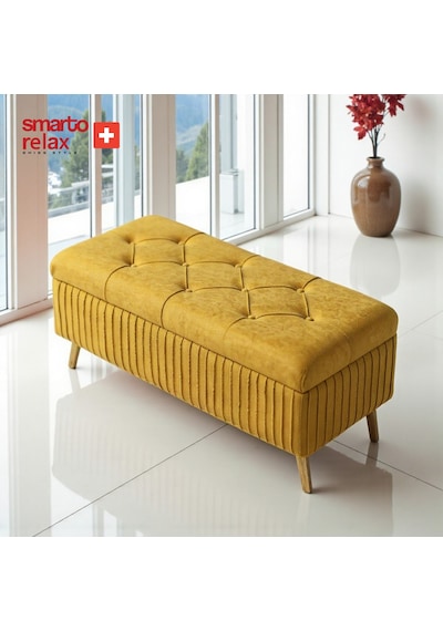 Smarto Relax Swiss Style Puf , Appenzell Kapitonesandıklı Puf, Babyface Kaplama, 100x40x45 Cm, Ahşap Ayaklı ,sandıklı Dekoratif Puf Sarı