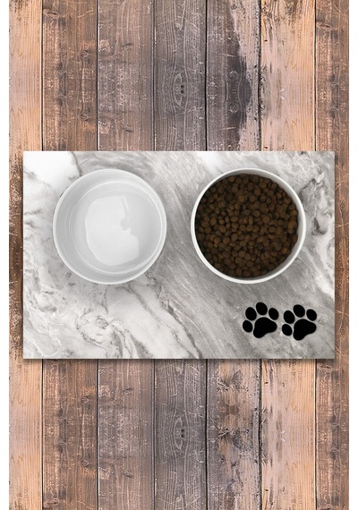 Evaşk Vinil Kaymaz Tabanlı Keçe Baskılı Evcil Hayvan Pet Mama  Paspası 45x75 Renk BEYAZ PM0145B