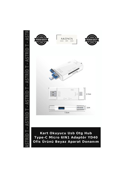 Kart Okuyucu Usb Otg Hub Type-c Micro 6ın1 Adaptör Yd40 Ofis Ürünü Beyaz Aparat Donanım