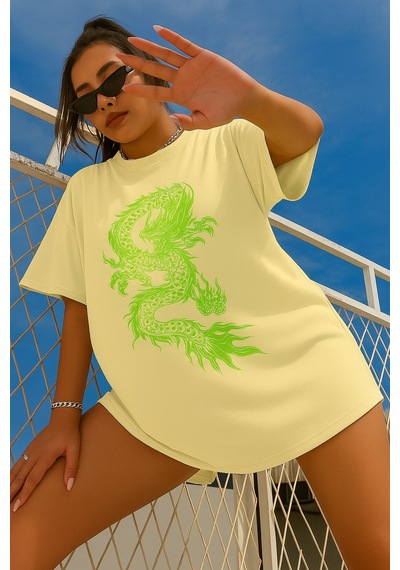 Ejderha Baskılı Oversize T-shirt Sari
