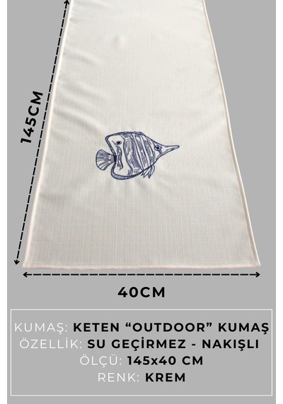 Marin Masa Örtüsü Nakışlı Balık Runner 145x40 Su İtici Outdoor Keten Tekne Bahçe Salon Mutfak Krem