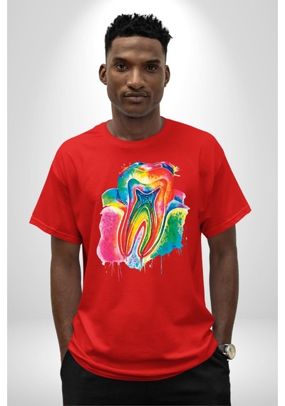 Diş Doktoru Diş Anatomisi Özel Tasarım Pamuklu Bisiklet Yaka Unisex Oversize Boyfriend Dijital Baskılı Kırmızı T-shirt Kırmızı